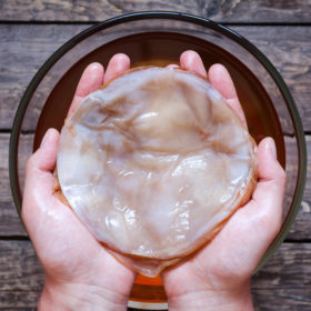 Kombucha mushroom pro biotic in unrecognizable man hand on vintage wooden background. Dietic organic superfood healthy fermented tea.